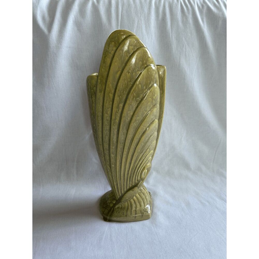 Unique Vintage Mid Century Ceramic Vase, Drip Glaze 16x6 Inches Green/Yellow